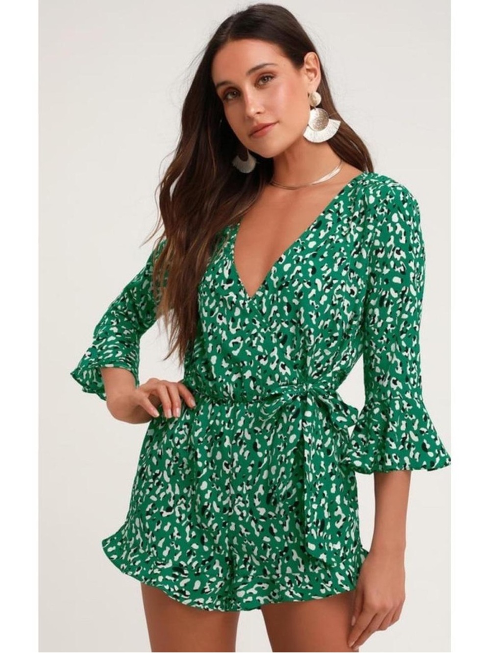 Lulu's Emerald Green Leopard Print Tie-Waist Romper